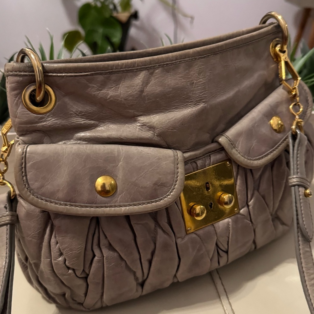 Miu Miu Gray Leather Handbag with Gold Accents - Picture 14 of 14